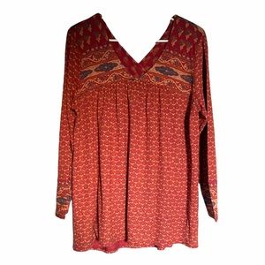 Lucky Brand Size Large Long Sleeve Red Pattern Blouse